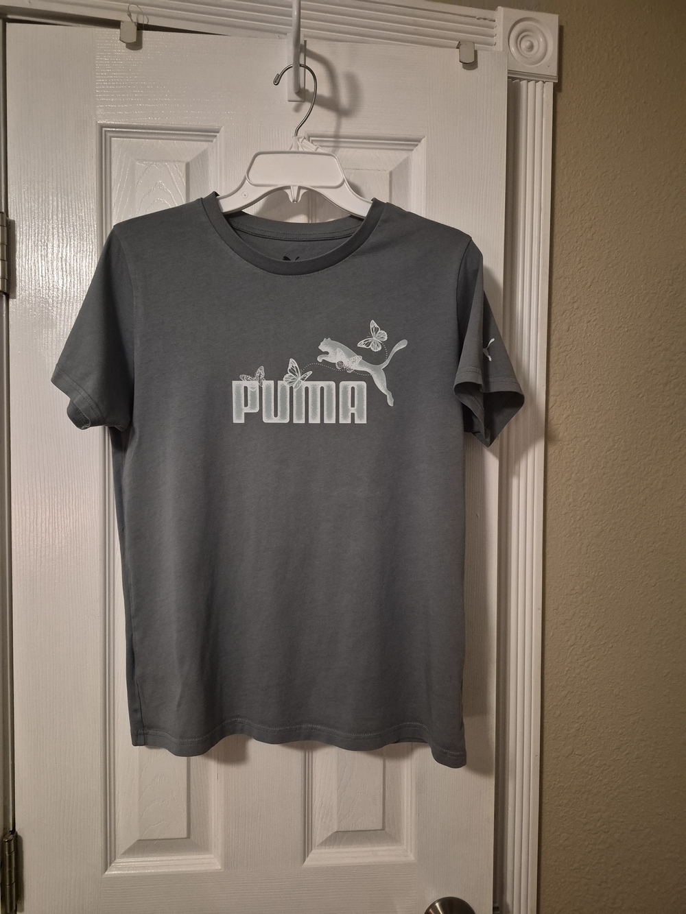 Puma Womens Logo Tee with Butterfly Accents Greenish Grey Color